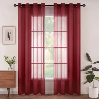 Woaboy Voile Gardinen Weihnachten Vorhänge Transparent Wohnzimmer mit Ösen Stores Gardinen Schlafzimmer Ösenvorhang Scheibengardine Schlaufengardinen Modern 2er Set 140x225 cm (B x H) Wein Rot