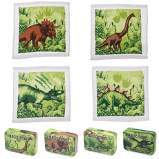 damaloo Zauberhandtuch Dino 4er Set als Mitgebsel - Magische Handtücher die im Wasser aufgehen - Dinosaurier Handtuch Set für Jungen und Mädchen - Magic Towel Kinder Waschlappen - Zauberhandtücher