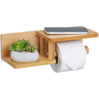 Relaxdays Toilettenpapierhalter mit Ablagen, für Handy, Ersatzrolle, Klopapierhalter Bambus, HBT: 9x31x12,5 cm, Natur
