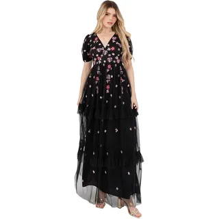 Women's Maxi Dress Ladies V-Neck Short Puff Sleeve Floral Embroidered Tiered Ruffle Tulle A-line Keyhole Back Evening, Schwarz 46