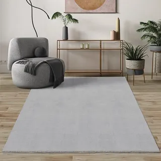 Mia's Teppiche Comfort Moderner Flauschiger Kurzflor Teppich, Anti-Rutsch Unterseite, Waschbar bis 30 Grad, Super Soft, Felloptik, Grau, 140 x 200 cm Oval