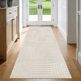 Enyhom Teppich Läufer 80x300 cm Beige, Weich Skandinavisch Flurteppich | 3D Effekt, Waschbar rutschfest, Modern Kurzflor Läufer Flur, Küchenläufer für Eingang Wohnzimmer Schlafzimmer