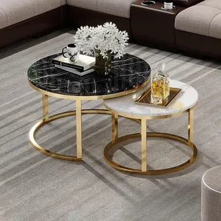 Rund Tisch Couch Marmor Runde Tische Beistell Naturstein Edelstahl Doppel Set 2x - Schwarz