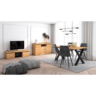 Skraut Home - Wohnzimmermöbel-Set | Tisch 140 X-Beine für 6 Personen | Lowboard 140 | Sideboard/Buffetschrank 140 | Eiche und Schwarz | Industrieller Still