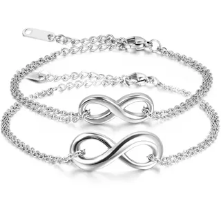 JewelryWe Unendlichkeitszeichen Armband Damen Fußkette: 2pcs Edelstahl Lieben Infinity Unendlichkeit Zeichen Charm Armkette Fußkettchen Armreif mit Gravur Geschenk für Frauen Mädchen Silber