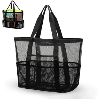 Strandtasche Damen,Familie Mesh Beach Bag,Faltbare Handtaschen Mit Taschen,Strandtasche Familie Mesh,Für Sandspielzeug Handtaschen, Mit Wasserdicht Taschen,Für Strand, Urlaub, Reise,Fitnessstudio