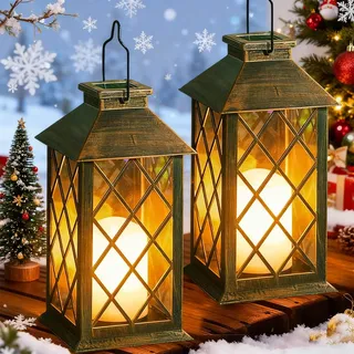 Joycome Solarlaterne für Außen 2 Stück Solarlampen Garten mit Flammeneffekte Kerze, Hängend Solar Laternen Wasserdicht Solarleuchten für Terrasse Balkon Pavillon Deko - Bronze