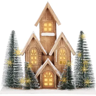 1.10 Kleines Weihnachtsdorf mit 4 Häusern und Bäumen - ca. 32 x 30 cm - LED beleuchtet mit Timer - Grün