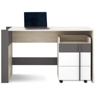 Deine Möbel 24 Kinderschreibtisch Remi 10 130 cm breit mit Container 11 in Eichenweiß / Weiß Matt / Anthrazit , Eichefarben, Weiß, Anthrazit , Holzwerkstoff , 130x76x55 cm , Babymöbel & Kindermöbel, Kinderzimmer & Jugendzimmer, Kinderschreibtische