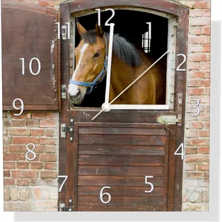 Wallario Design Wanduhr Pferd im Stall aus Aluverbund, Größe 30 x 30 cm - Braun