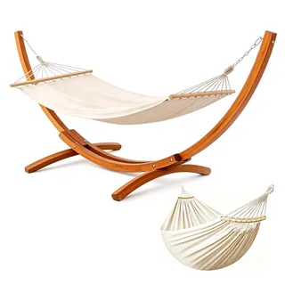 BELONID Hängematte mit Gestell, Mit 2 Hängematte, 200kg Belastbarkeit, Maße: 320x120x120 cm, Stabilem Bogengestell aus Massivkiefernholz, Für Garten, Terrasse und Balkon