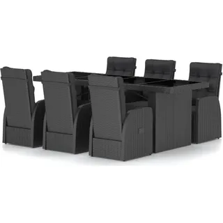 vidaXL 7-tlg. Garten-Essgruppe mit Auflagen Poly Rattan Schwarz - Schwarz
