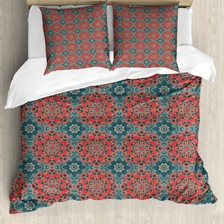 ABAKUHAUS Mandala Bettbezug, Kultur Blumen, Milbensicher Allergiker geeignet mit Kissenbezügen, 200 cm x 200 cm - 80 x 80 cm, Dunkle Coral Schiefer-Blau