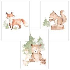 Olgs Babyzimmer Bilder 3er Set | Kinderzimmer Deko Poster DIN A4 | Wandbilder Premium | Tiere Wandposter Mädchen, Junge | Waldtiere: Fuchs, Hase, Bär, Igel, Eichhörnchen