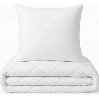 Microfaser Bettenset Decke 135x200cm + 80x80cm Kissen 1000g & 800g Waschbar mit Rhombussteppung Ganzjahresdecke - Weiß