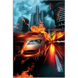 Wallario Outdoor-Poster für Garten oder Balkon, Motiv Brennendes fahrendes Auto, in ca. 61 x 91,50 cm - Schwarz