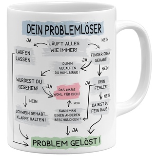 OM3® lustige Tasse mit Spruch - Problemlösung auf der Arbeit - Problemlöser | Keramik Becher | 11oz 325ml | Beidseitig Bedruckt | Weiss