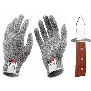 LdawyDE Austernmesser Oyster Shucker 6.7‘’ Austernöffner mit Holzgriff mit 1 Paare Schnittfeste Handschuhe(26cm) der Klasse 5 für BBQ Muschelschalentiere und Meeresfrüchte