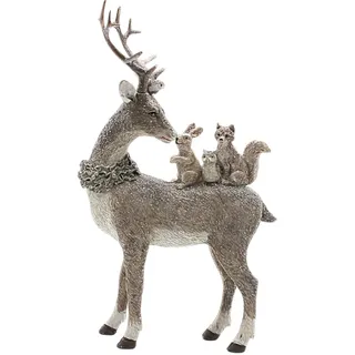 Dekohelden24 Hirschdeko, Deko-Rentier, Deko-Hirsch, Hirsch mit Geweih und 3 Eichhörnchen auf dem Rücken aus Keramik in grau, Größe L/B/H ca. 16 x 5 x 26 cm.