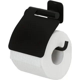 Tiger Colar Toilettenpapierhalter mit Deckel zum Kleben, Edelstahl, Schwarz pulverbeschichtet, mit integrierter Klebefolie zur Montage ohne Bohren 1314130746 14,6x13,3x3,5 cm