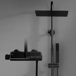 Görbach Edelstahl Duschset mit Duscharmatur Komplettset-Regendusche Duschsystem mit Thermostat,Wassersparend,Überkopfbrause,Handbrause,Duschstange Matt Schwarz (2525MB)