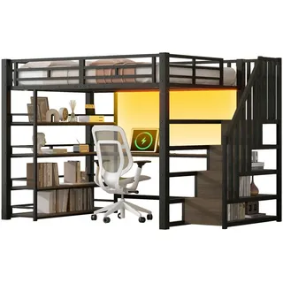 Stilvora Hochbett 140/200 cm in Schwarz mit Treppe, Schreibtisch, Regal, LED und Usb , Metall, Holzwerkstoff , 140x200 cm , Babymöbel & Kindermöbel, Kinderzimmer & Jugendzimmer, Kinderbetten, Hochbetten