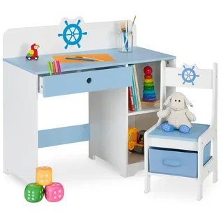 Relaxdays Kinderschreibtisch Seefahrt-Motiv 80 x 79,5 x 40 cm Holz blau-weiß