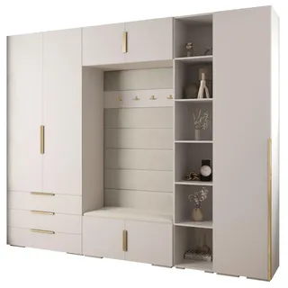 Abiks Möbel Garderoben-Set 236,7/290/47 , Weiß, Beige, Goldfarben , Metall , Nachbildung , 13 Fächer , 290x236.7x47 cm , Garderobe, Garderoben-Sets & Garderoben-Serien, Garderoben-Sets