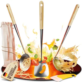 FLAVEMOTION Wok-Pfannenwender, Schöpflöffel und Schaumlöffel aus hochwertigem Edelstahl mit Massivholz Griff- Wok Besteck Spülmaschinenfest, inkl. Silikonspatel und Rattan Tasche zur Aufbewahrung