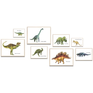 MeinBaby123® Dino Poster Kinderzimmer | Dinosaurier Poster DIN A4, A5, A6 I Bilder Kinderzimmer Jungen | Dino Deko Bilder Kinderzimmer | Babyzimmer Deko | Wandposter Premium (Dino 8er Set)