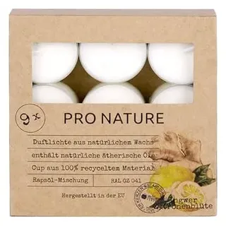 Müller Kerzen PRO NATURE Duftlichte mit Rapsöl - Ingwer & Zitronenblüte - 9er Pack - 6 Stunden Brenndauer - Teelichter aus Natürlichem Wachs - Hülle 100% recyceltes Material
