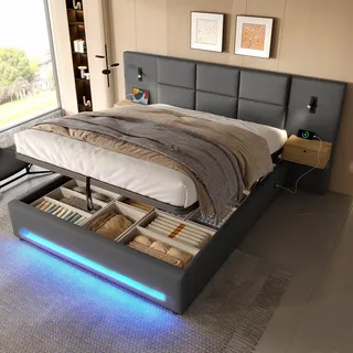 MODFU Doppelbett 160×200 Polsterbett mit Samtkopfteil,Funktionsbett mit hydraulischem Stauraum,Metall-Bettgestell mit LED und USB-C-Anschlüssen,Dunkelgrau(ohne Matratze) - Dunkelgrau