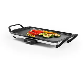 Tristar Slim M – Großzügige Backfläche von 46 x 26 cm – Antihaftbeschichtung – Abnehmbare Cool-Touch Griffe – Einstellbarer Thermostat – Leicht zu reinigen – BP-2667 Tischgrill Silber, Schwarz