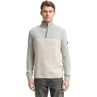 Troyer TOM TAILOR, Herren, Gr. M, grau sanftes weiß nep colorblock, Strick, Obermaterial: 60% Baumwolle, 40% Polyacryl, regular fit normal, ohne Ausschnitt, Rippbündchen, Pullover Troyer, mit Logo Stickerei