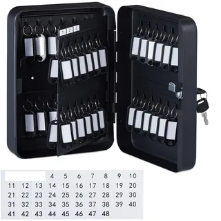 Relaxdays Schlüsselkasten, abschließbar, 48 Haken, mit Schlüsselanhängern, HxBxT: 25 x 18 x 8 cm, Schlüsselbox, schwarz