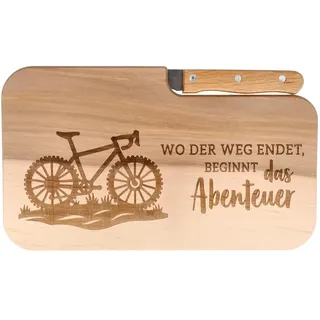 Spruchreif | Brotzeitbrett mit Messer und Gravur "Wo der Weg endet, beginnt das Abenteuer" – Holzbrett mit Messer – Ideal als Geschenk für Radfahrer und Outdoor-Fans