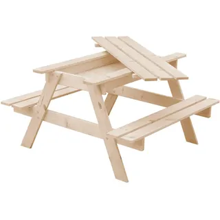 TIMBELA Kinderstuhl-Set aus Naturholz mit Staufach - H50 x 90 x 90 cm - M010-1
