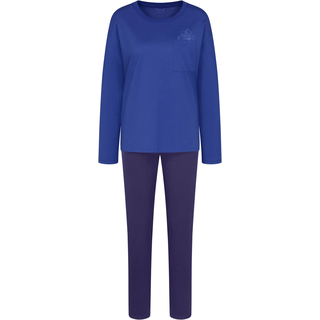 Schlafanzug TRIUMPH, Damen, Gr. 46, blau (blau, schwarz), Single Jersey, Obermaterial: 100% Baumwolle, bequem lang, Rundhals, Homewear-Sets Schlafanzug, Blumenstickerei, Brusttasche, Rundhalsausschnitt, Langarm