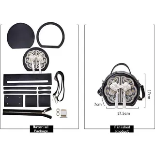 INF DIY Materialpaket Rundtasche mit chinesischer Stickerei Polyurethan17x17,5x7cm Handarbeit Schwarz - Schwarz