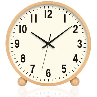 BVI BOOMERVIVI Tischuhr 21cm, Holz Tischuhr ohne Ticken mit Lautlosem Uhrwerk, Batteriebetrieben, Tischuhren Analog mit HD Glas für Wohnzimmer, Nachttisch, Büro (Naturholzfarbe)