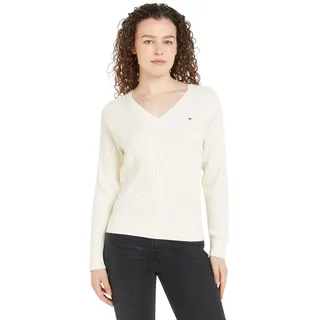 Tommy Hilfiger Damen Pullover Cable Sweater mit V-Ausschnitt, Elfenbein (Ivory Petal), XL