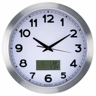 Perel Wanduhr, Uhr Wand Küche, Küchen Uhr, Wanduhr groß, Küchenuhr, LCD-Display mit Thermometer, Hygrometer und Wettervorhersage, DCF, rund, analog, 35 cm, Aluminium, Silbergrau