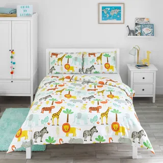 Bloomsbury Mill - Bettwäsche 200 x 200 cm Safari Tiere für Kinder – Doppelbett Bettwäscheset für Jungen und Mädchen – Zoo Tiere & Dschungel Wendebettwäsche und 2 Kissenbezug Set