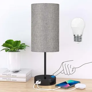 STANBOW Nachttischlampe Touch Dimmbar, Tischlampe mit USB A+C Ladefunktion | Kleine Lampe mit Kabel, Moderne Grau Leinen-Lampenschirm für Schlafzimmer, Wohnzimmer, Schlafsaal, Heimbüro, Birne Inklusive