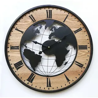 Rebecca Mobili Wanduhr, Weltkartenschnitzerei, Holz und Metall, schwarz und braun - Schwarz