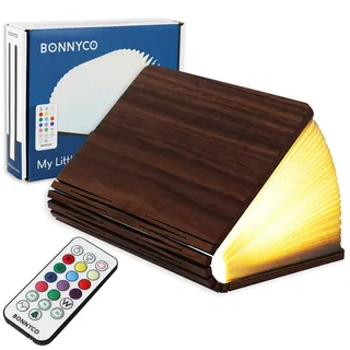 BONNYCO Buchlampe Holz mit Farbwechsel 16 Farben und Timer. LED Buchlampe Geschenk für Frauen und Männer zum Geburtstag Weihnachten. Kleine Lampe Deko Wohnzimmer Schlafzimmer Zimmer, Buch Lampe
