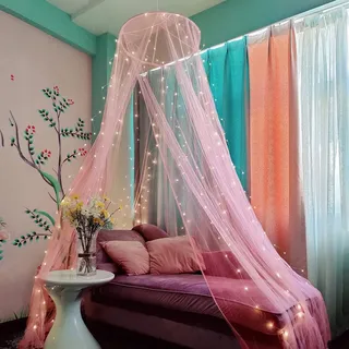 Eimilaly Betthimmel Moskitonetz mit 250pcs Bunte Vorhang Lichter, Betthimmel für Mädchen Zimmer Dekoration oder Motto-Party, Pink/Warmweiße Lichter