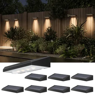 JACKYLED Solar Wandleuchte Aussen, Solarlampen für Außen Wand, 4 Linsenscheinwerfer LED Solar Zaunleuchten für Außen, Solarwandleuchten für Garten, Zaun, Terrasse (8 Stück)