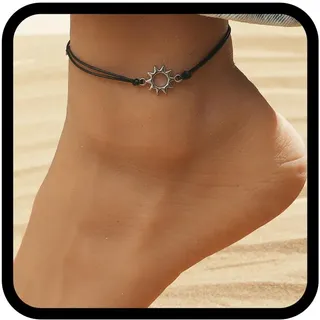 Handcess Boho-Fußkettchen, Silber, Sonne, Fußkettchen, geflochtener Strandfußschmuck für Damen und Mädchen