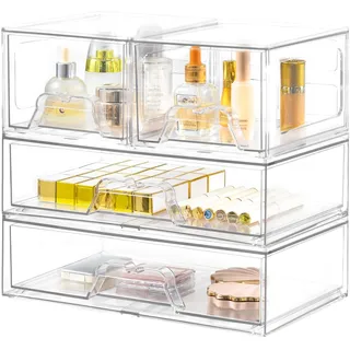 Stebopum Stapelbare Schubladenbox Kosmetik Organizer mit 4 Schubladen | Acryl Transparent Schminktisch Organizer für Schublade,Schmink organizer,Badezimmer Aufbewahrung und Organisation